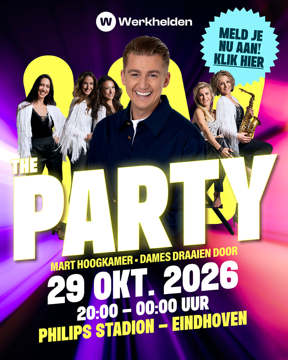 Aankondiging Werkhelden The Party — klik om je aan te melden